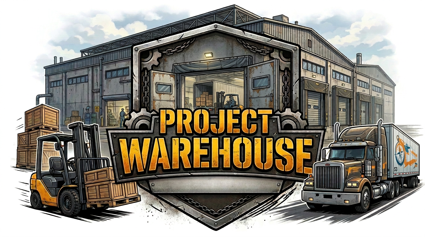 Project Warehouse artwork featuring an industrial warehouse, forklift, crates, and a semi truck